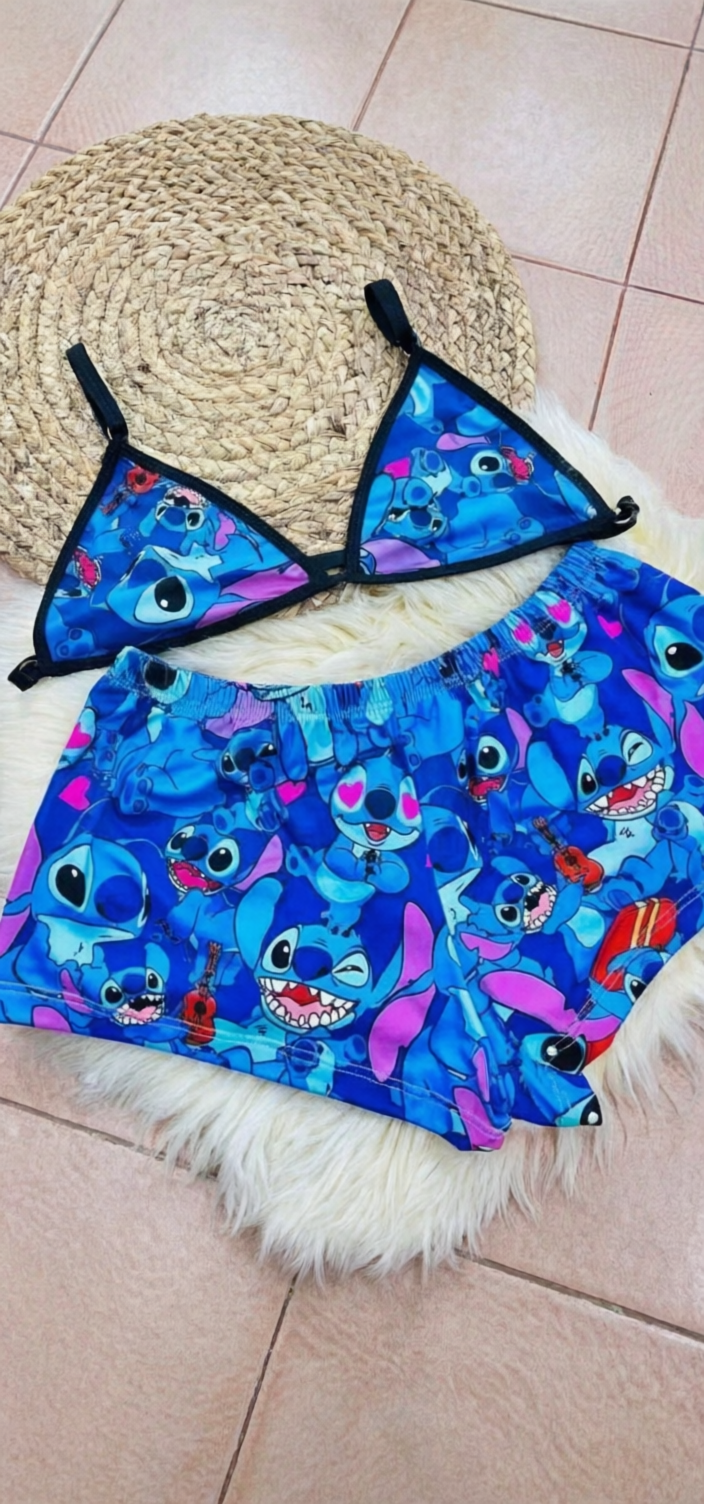 💙🌙 Stitch Lounge Set – Cute Bralette & Matching Shorts Pajama Set for Women