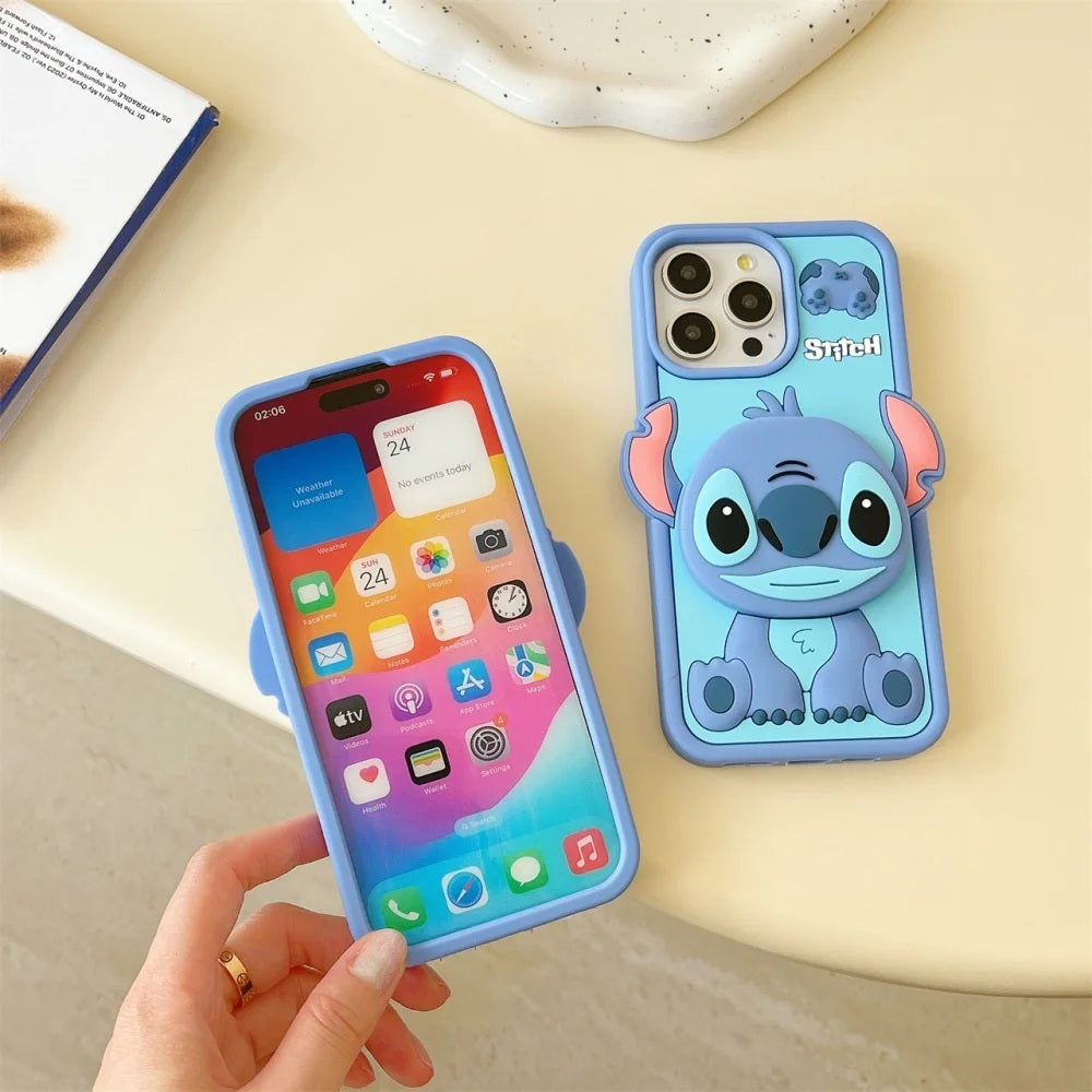 📱💙 Disney Funny Cartoon Stitch Silicone Phone Case with Mirror – Cute Makeup Holder Cover for iPhone 11–17 Pro Max FAIRY KIDS