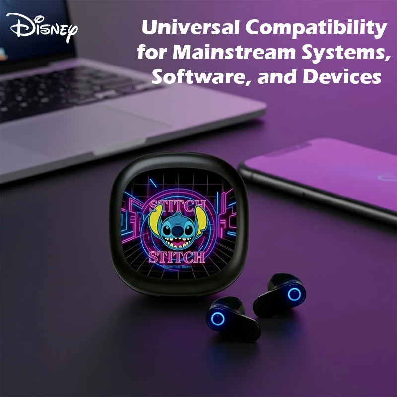 Disney Stitch TWS Wireless Earphone Bluetooth LED Display Stereo Noise Cancelling Headset with Charging Cable for All Smartphone FAIRY KIDS