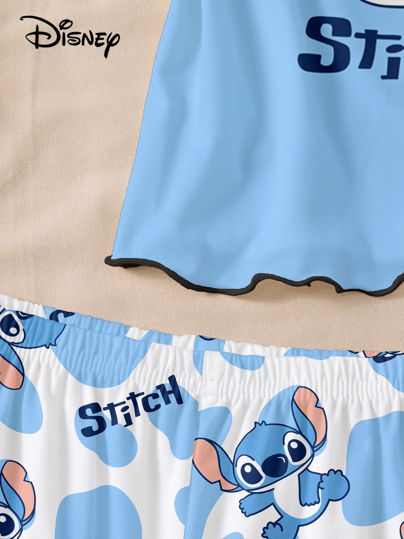 Women's 2-piece Disney Stitch Cute Cartoon Pattern Pajamas Home Clothes Strap Top+Elastic Shorts Off Shoulder Star Cartoon Print FAIRY KIDS