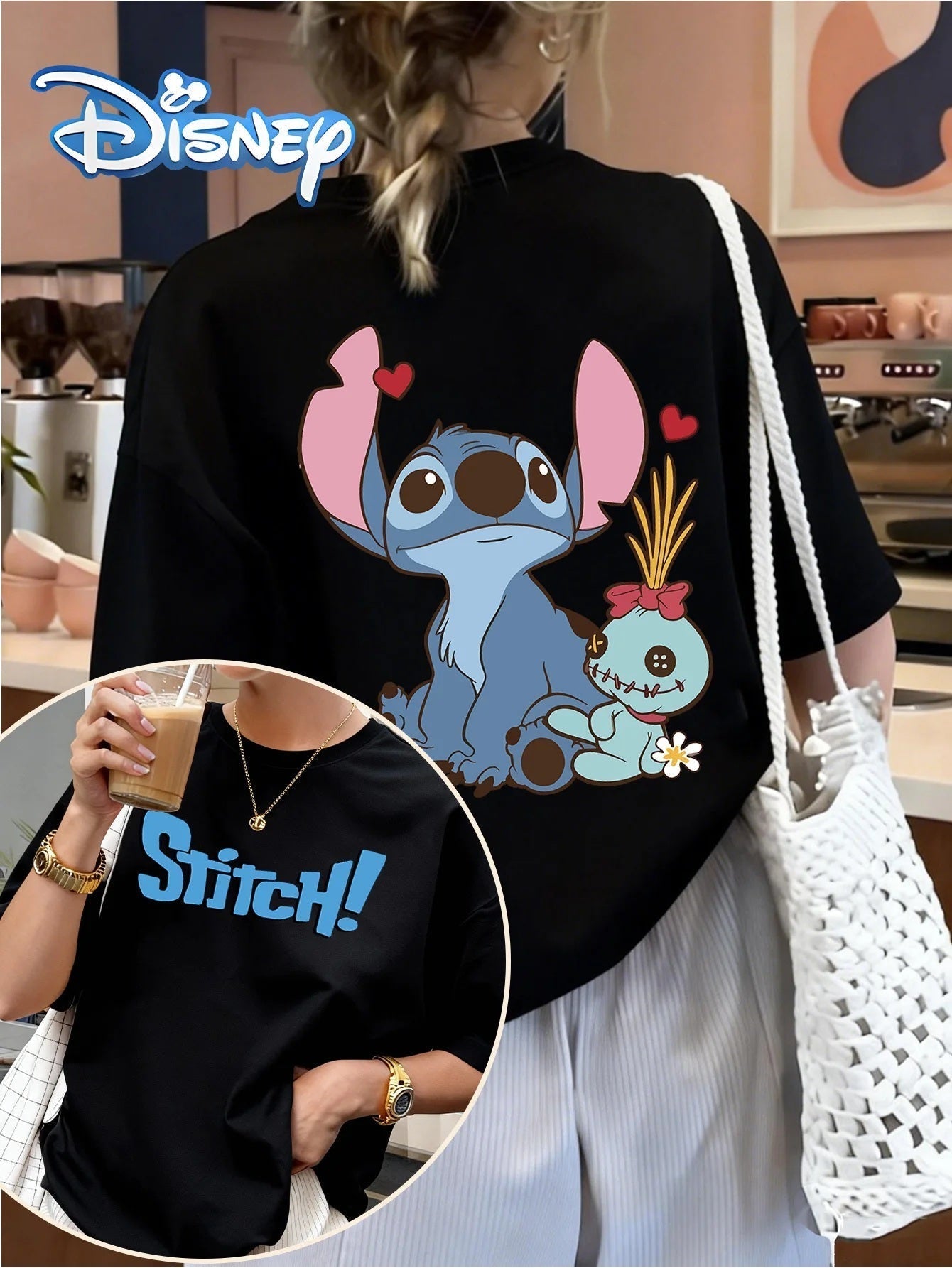 💙👕 Disney Women's Oversized Stitch T-Shirt – Cute Heart Print Crew Neck Casual Spring Summer Tee FAIRY KIDS