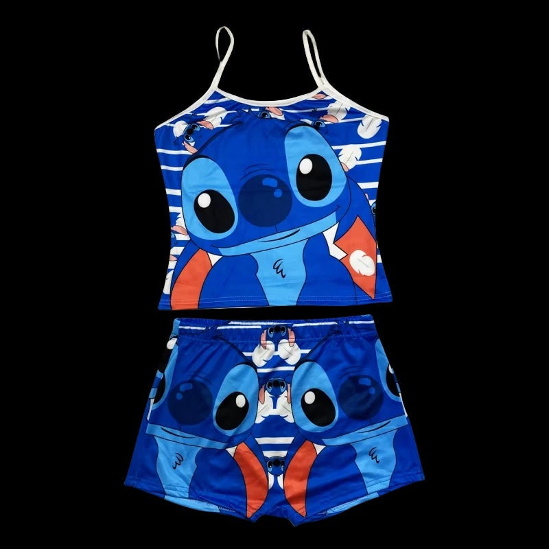 2Pcs Disney Stitch T-Shirt Short-Sleeved Set Summer Cartoon New Kawaii Yoga Suit Sports Shorts Sexy Suspender Pajamas Homewear FAIRY KIDS