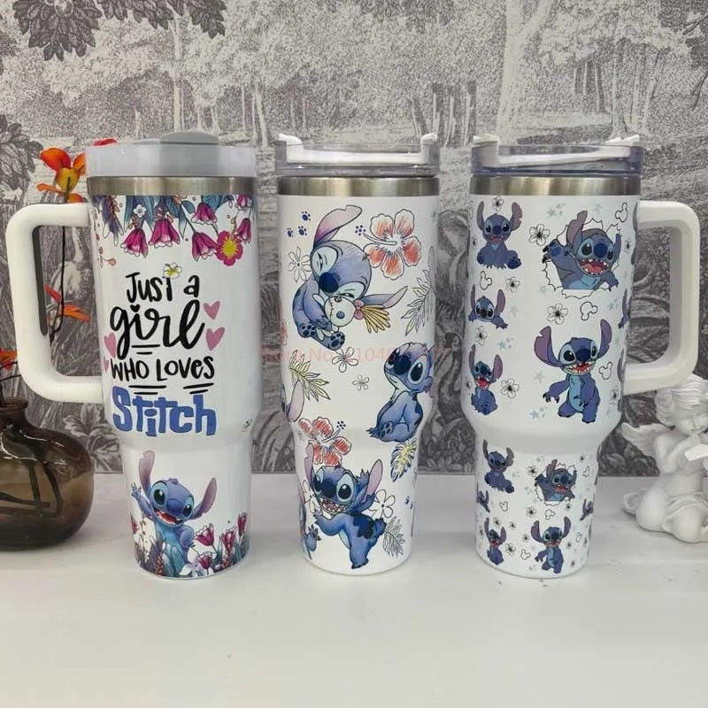 Stitch & Angel 40oz Stainless Steel Tumbler | Cute Cartoon Thermal Mug with Straw & Lid | Hot & Cold Drink Cup