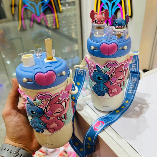 🩵 600ml Stitch Angel Water Cup | Portable Stainless Steel Bottle with Straw | Cute Cartoon Insulated Gift