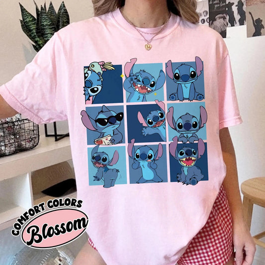 🌸💙 Women's Stitch Vintage Grid Print T-Shirt – Soft Cotton Blossom Pink Casual Tee for Daily Wear FAIRY KIDS