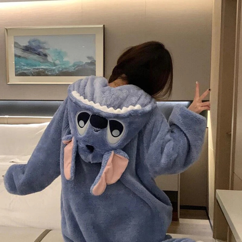 ❄️💙 Stitch Couple Flannel Pajama Set – Warm Hooded Cartoon Winter Sleepwear Cozy Coral Fleece Homewear FAIRY KIDS