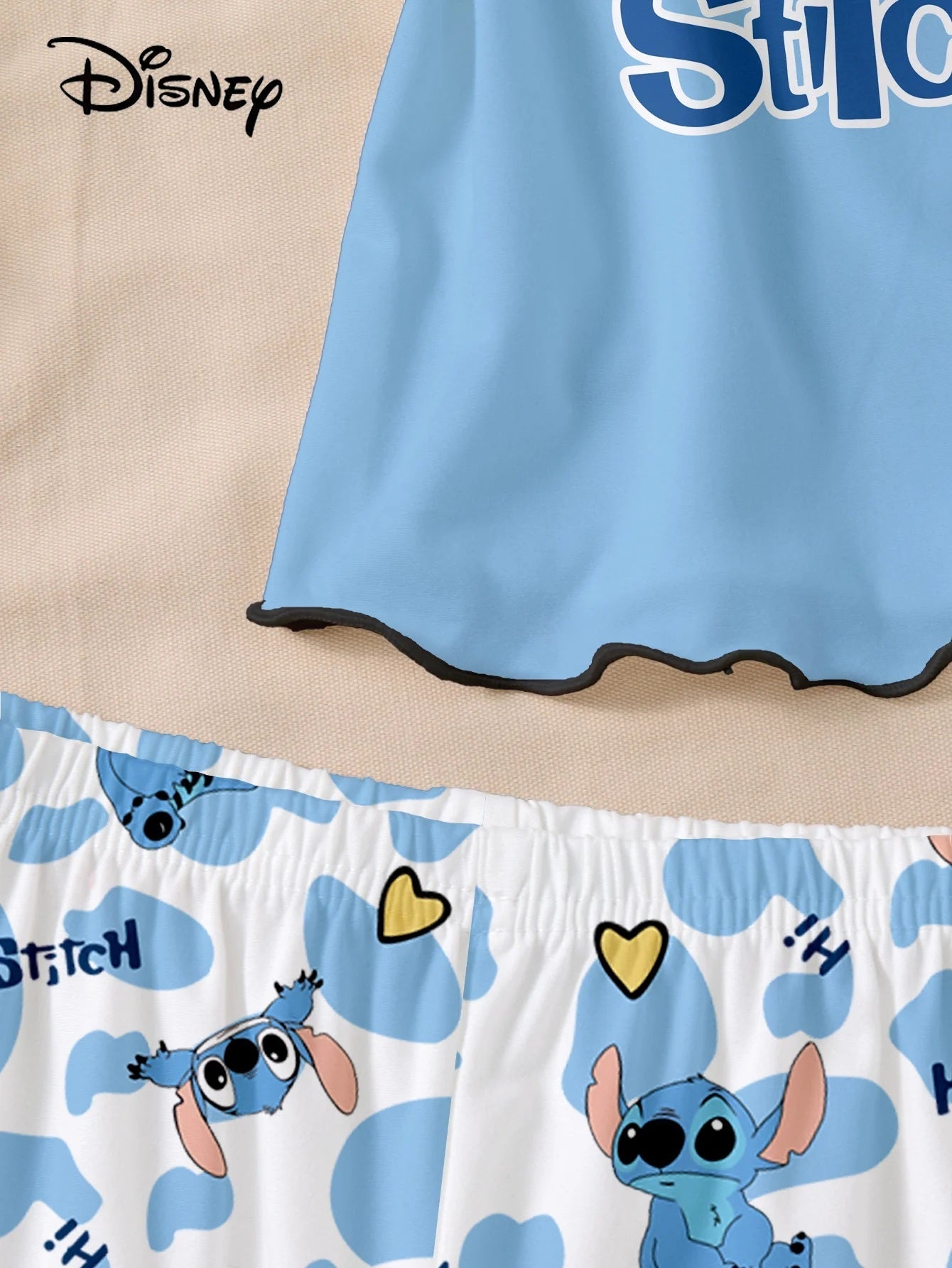 Women's 2-piece Disney Stitch Cute Love Cartoon Pattern Strap Top and Pants Sleepwear Home Clothes FAIRY KIDS