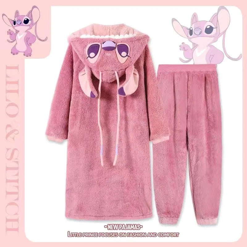 ❄️💙 Stitch Couple Flannel Pajama Set – Warm Hooded Cartoon Winter Sleepwear Cozy Coral Fleece Homewear FAIRY KIDS