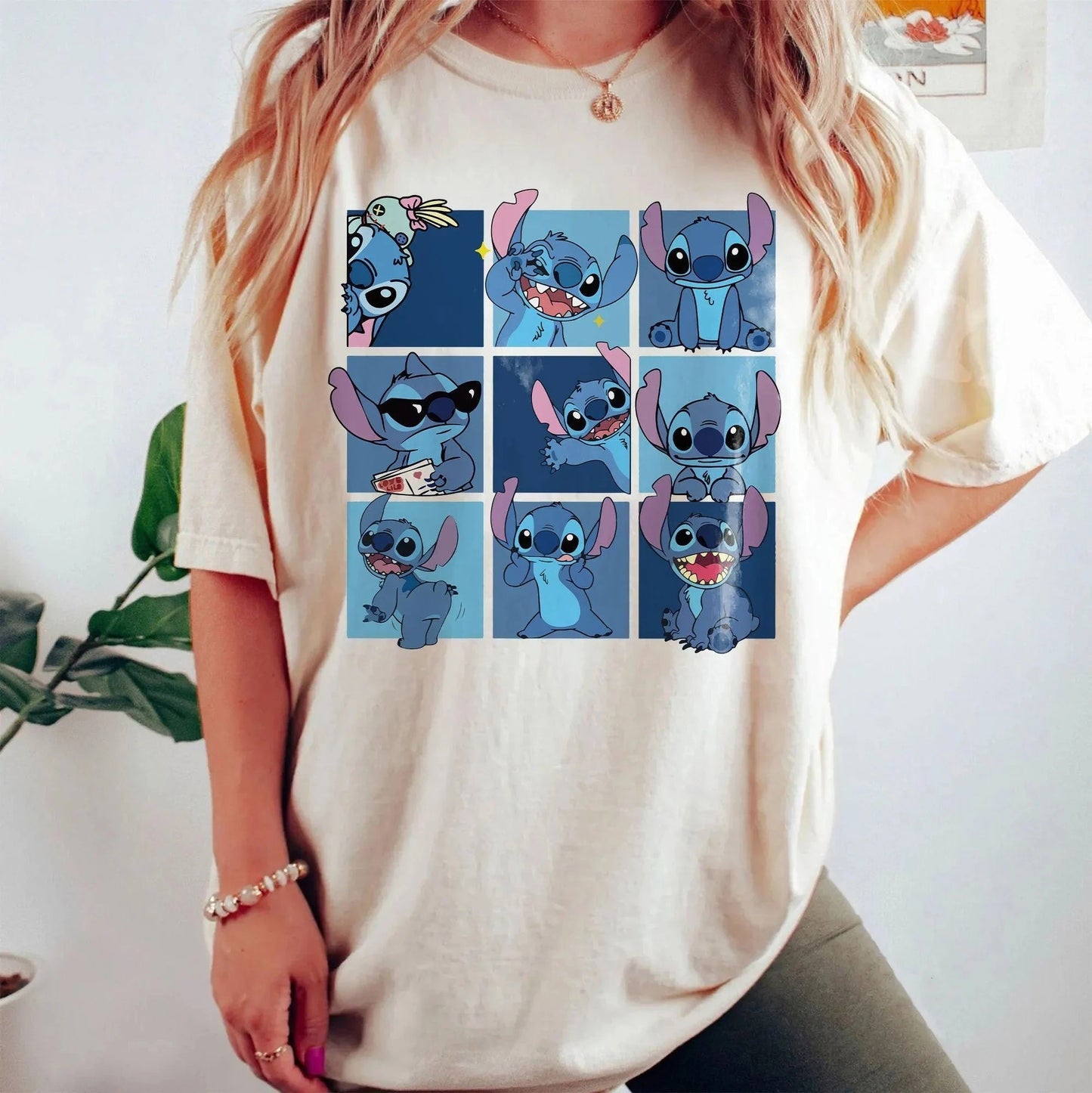🌸💙 Women's Stitch Vintage Grid Print T-Shirt – Soft Cotton Blossom Pink Casual Tee for Daily Wear FAIRY KIDS
