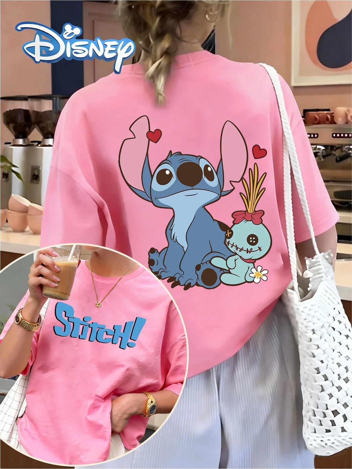 💙👕 Disney Women's Oversized Stitch T-Shirt – Cute Heart Print Crew Neck Casual Spring Summer Tee FAIRY KIDS