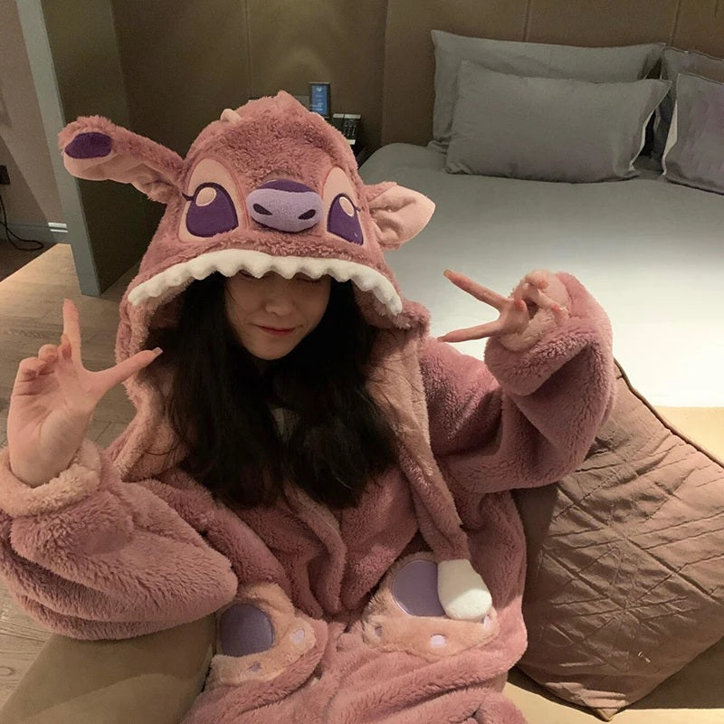 ❄️💙 Stitch Couple Flannel Pajama Set – Warm Hooded Cartoon Winter Sleepwear Cozy Coral Fleece Homewear FAIRY KIDS