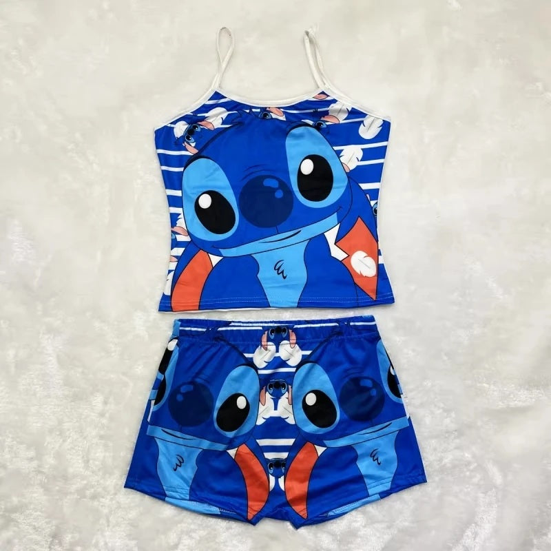 2Pcs Disney Stitch T-Shirt Short-Sleeved Set Summer Cartoon New Kawaii Yoga Suit Sports Shorts Sexy Suspender Pajamas Homewear FAIRY KIDS