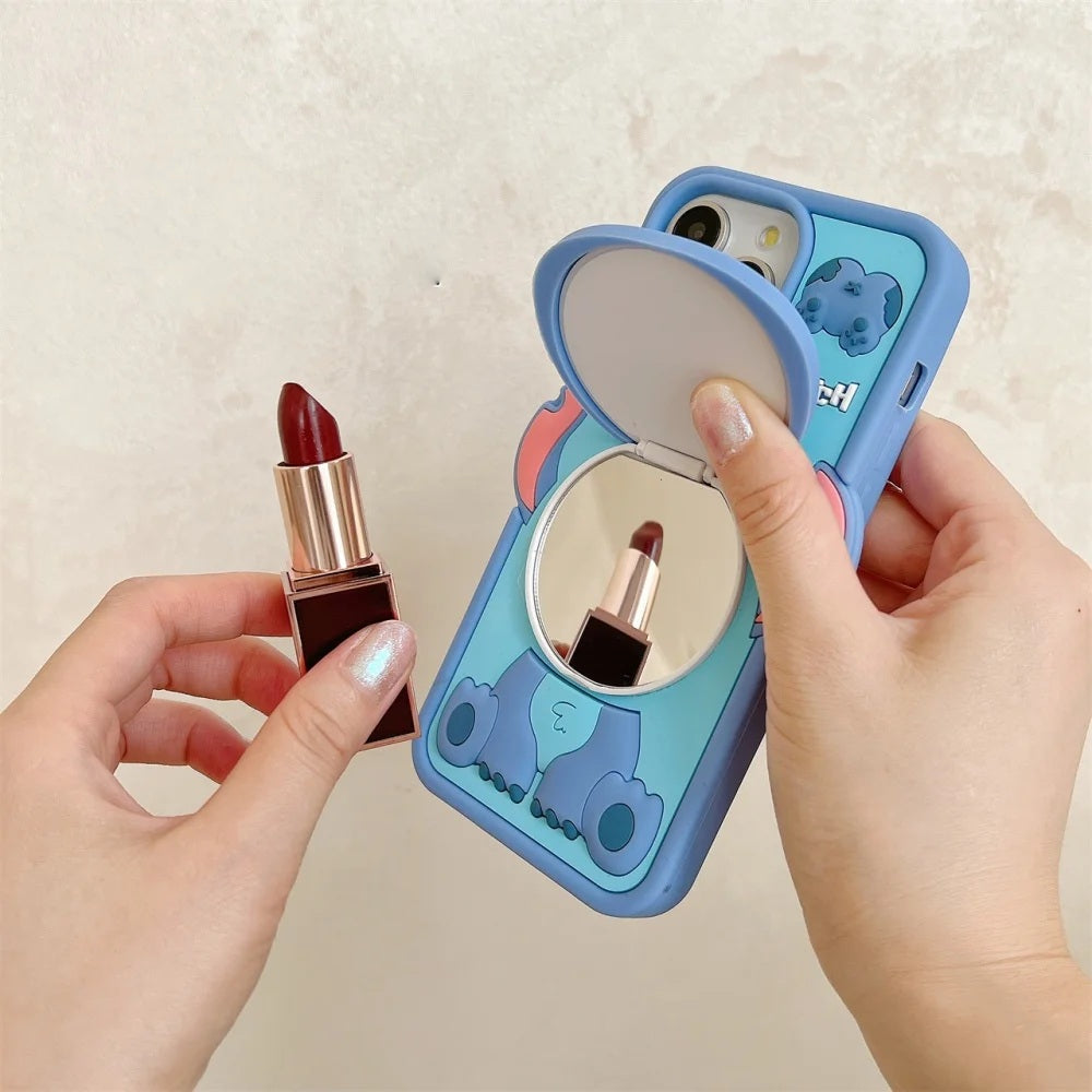 📱💙 Disney Funny Cartoon Stitch Silicone Phone Case with Mirror – Cute Makeup Holder Cover for iPhone 11–17 Pro Max FAIRY KIDS