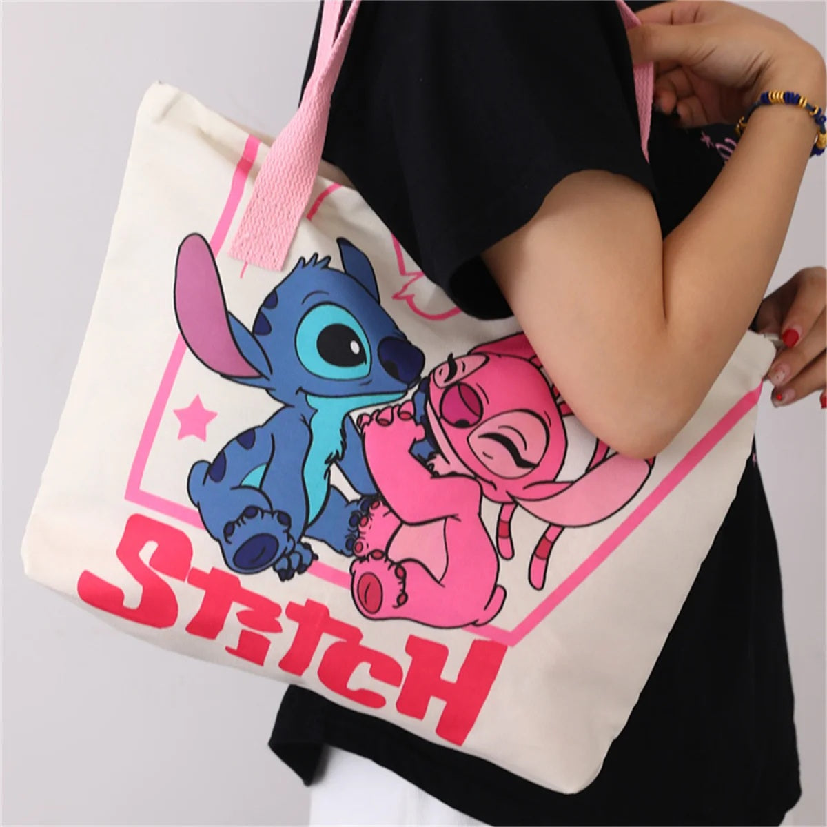 🏖️💙 Disney Stitch Beach Tote Bag – Lightweight Canvas Zipper Bag for Vacation, Travel & Daily Use FAIRY KIDS