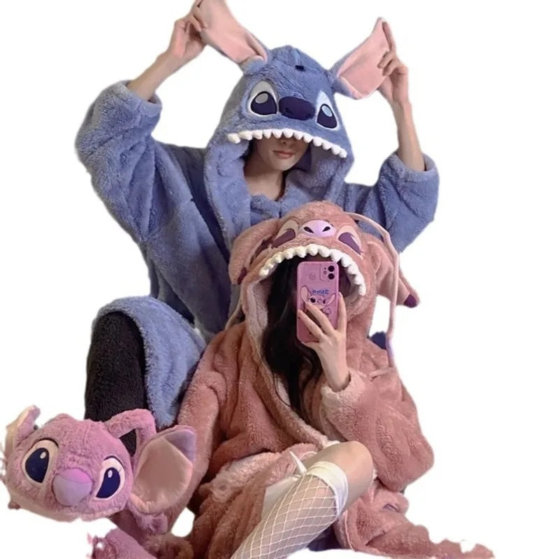 ❄️💙 Stitch Couple Flannel Pajama Set – Warm Hooded Cartoon Winter Sleepwear Cozy Coral Fleece Homewear FAIRY KIDS