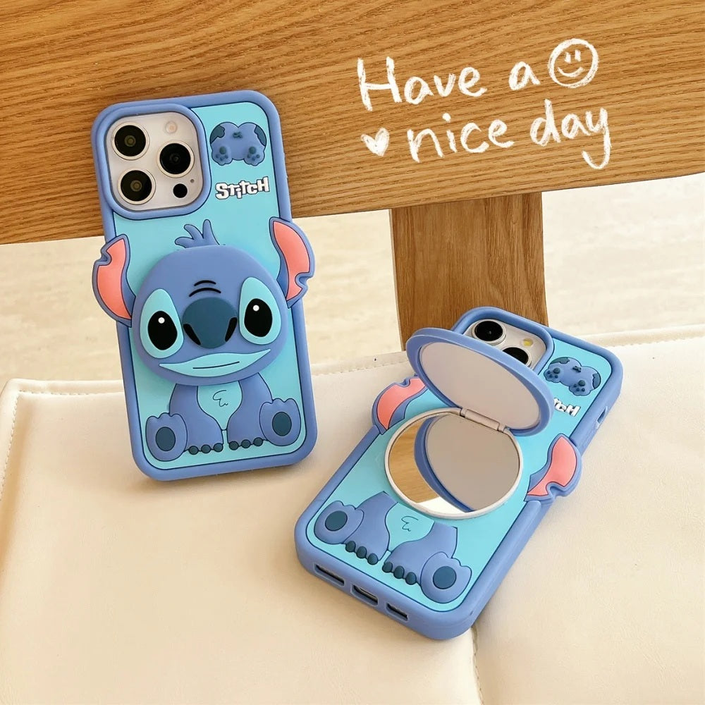 📱💙 Disney Funny Cartoon Stitch Silicone Phone Case with Mirror – Cute Makeup Holder Cover for iPhone 11–17 Pro Max FAIRY KIDS