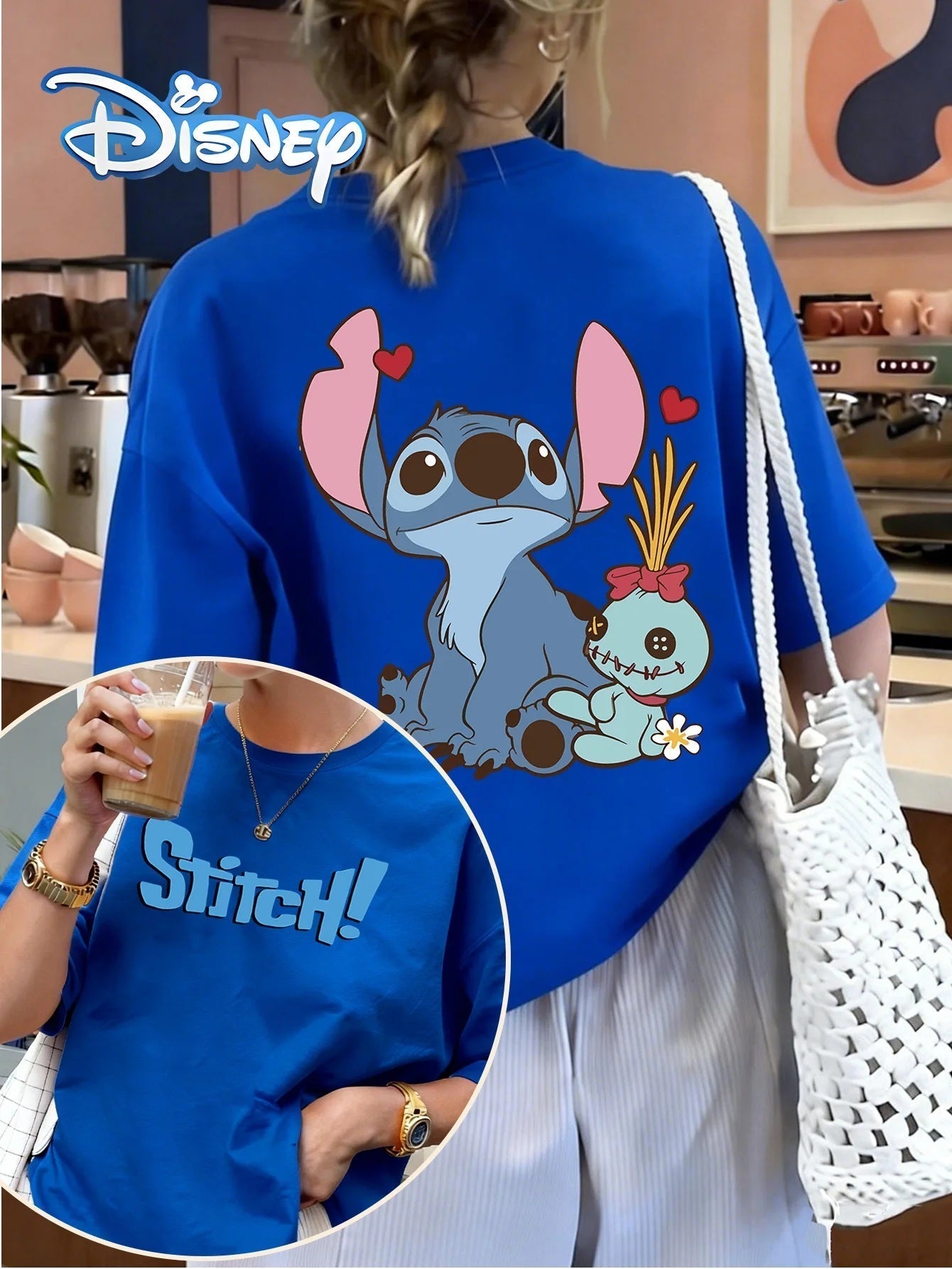 💙👕 Disney Women's Oversized Stitch T-Shirt – Cute Heart Print Crew Neck Casual Spring Summer Tee FAIRY KIDS
