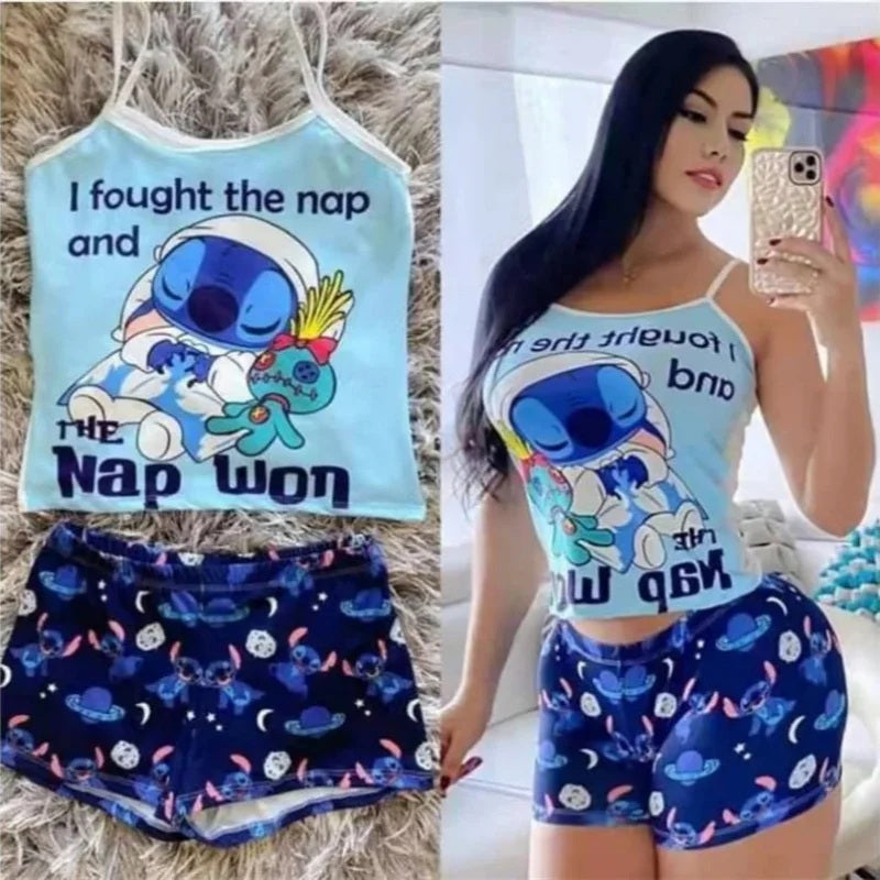 2Pcs Disney Stitch T-Shirt Short-Sleeved Set Summer Cartoon New Kawaii Yoga Suit Sports Shorts Sexy Suspender Pajamas Homewear FAIRY KIDS