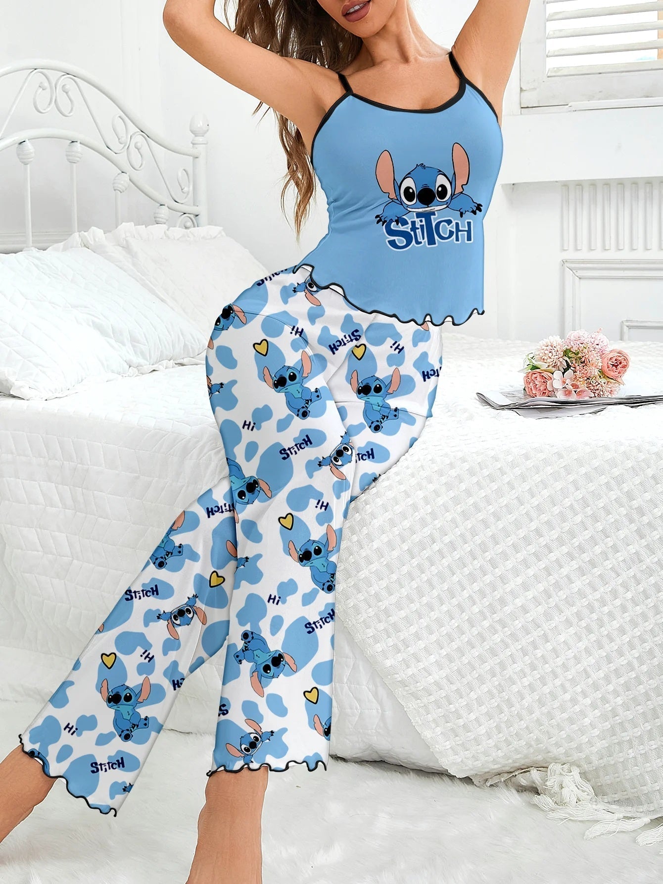 Women's 2-piece Disney Stitch Cute Love Cartoon Pattern Strap Top and Pants Sleepwear Home Clothes FAIRY KIDS