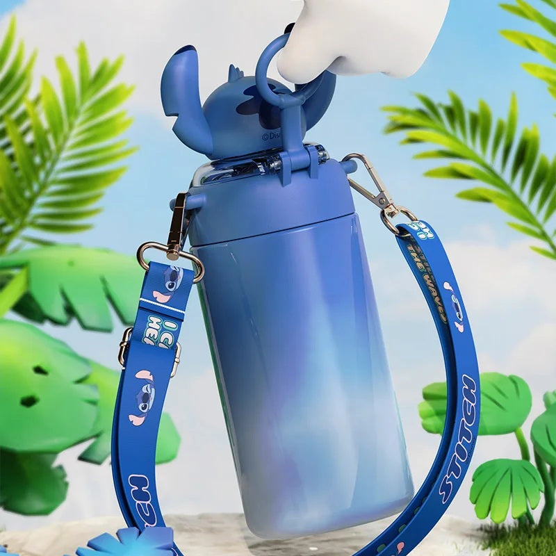 🩵 600ml Stitch Angel Water Cup | Portable Stainless Steel Bottle with Straw | Cute Cartoon Insulated Gift