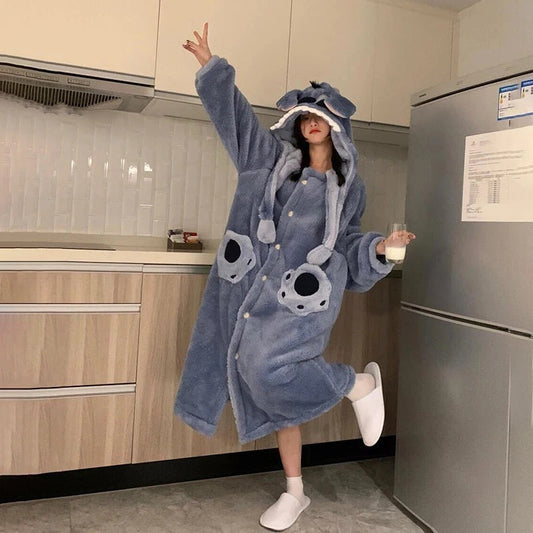 ❄️💙 Stitch Couple Flannel Pajama Set – Warm Hooded Cartoon Winter Sleepwear Cozy Coral Fleece Homewear FAIRY KIDS