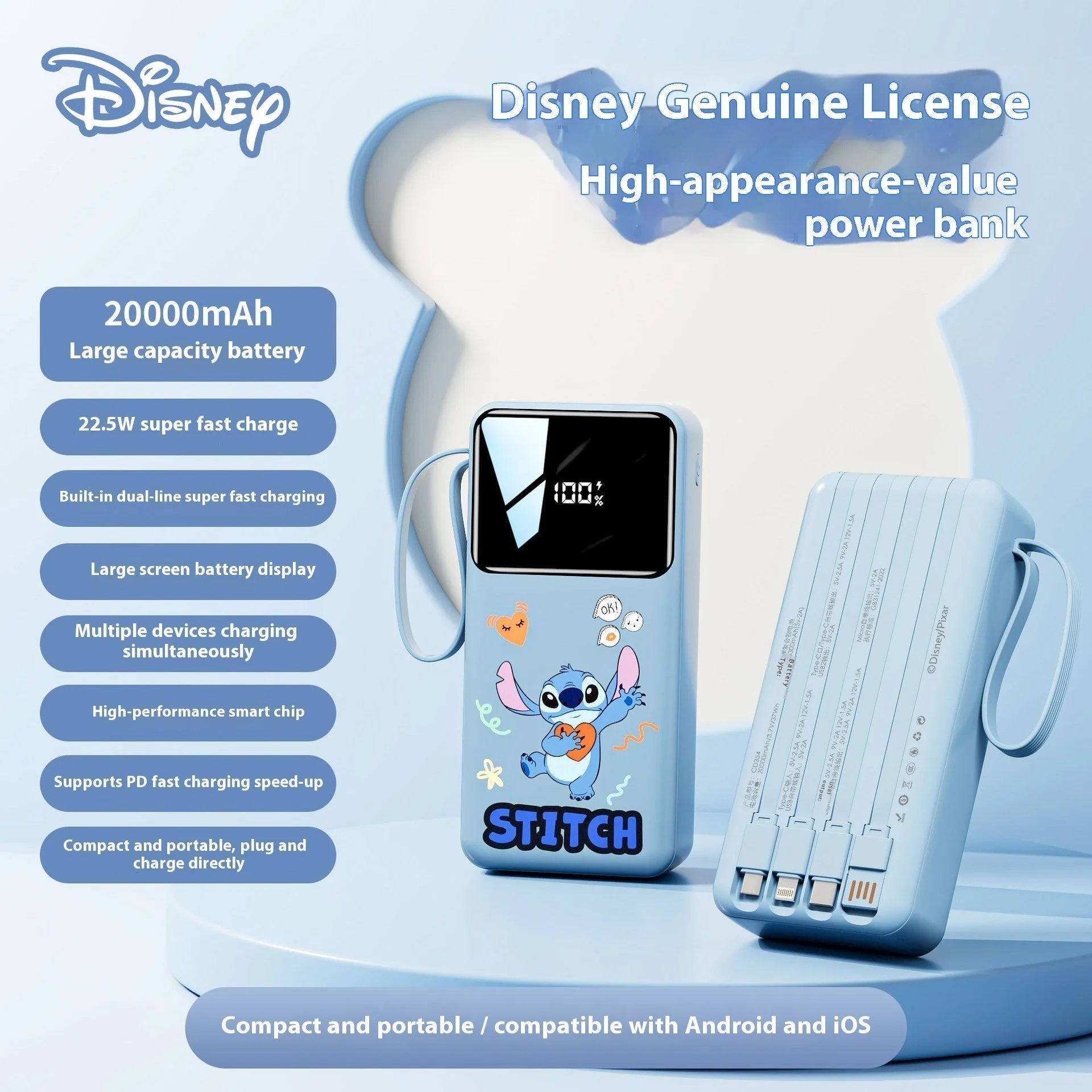 Disney 20000mah Large Capacity Power Bank With Bidirectional Fast Charging And Built-In Cable Compact Portable Mobile Power Bank FAIRY KIDS