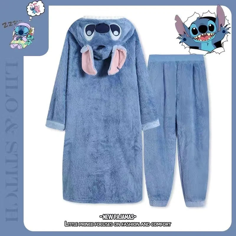 ❄️💙 Stitch Couple Flannel Pajama Set – Warm Hooded Cartoon Winter Sleepwear Cozy Coral Fleece Homewear FAIRY KIDS