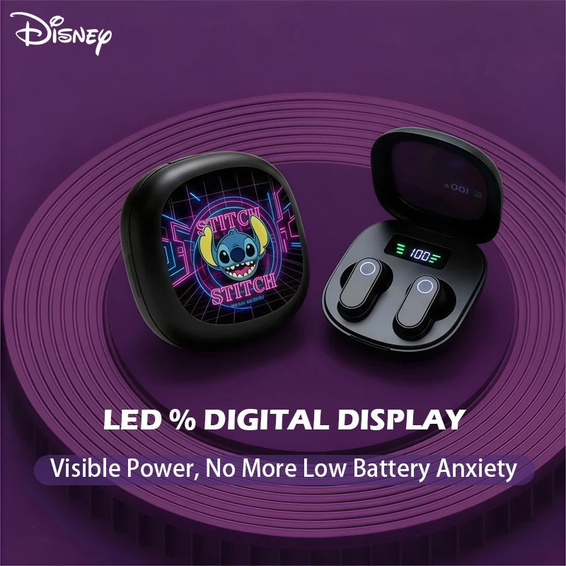 Disney Stitch TWS Wireless Earphone Bluetooth LED Display Stereo Noise Cancelling Headset with Charging Cable for All Smartphone FAIRY KIDS