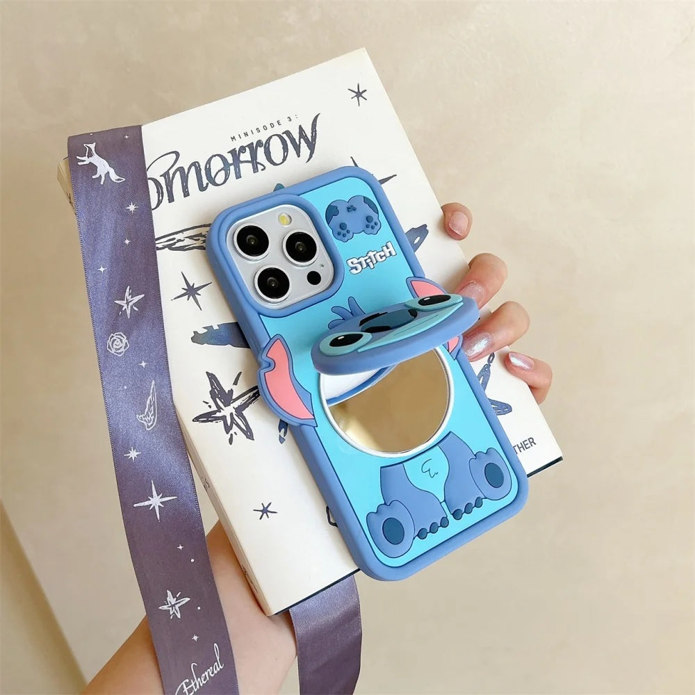 📱💙 Disney Funny Cartoon Stitch Silicone Phone Case with Mirror – Cute Makeup Holder Cover for iPhone 11–17 Pro Max FAIRY KIDS