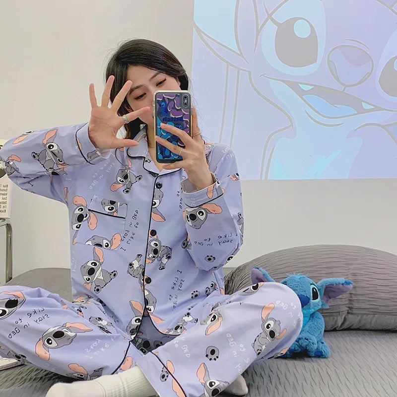 😴🍂 Women’s Casual Two-Piece Sleepwear Set – Cartoon Stitch Long Sleeve Pajama for Spring & Autumn | Cozy Pijama Pyjamas FAIRY KIDS