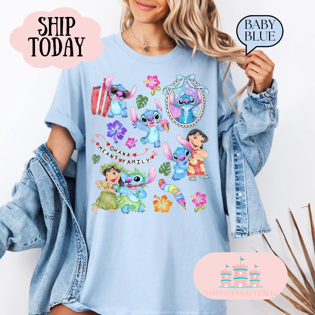 🏄‍♂️💙 Women's Stitch Surfing Graphic T-Shirt – Baby Blue Cotton Casual Tee Cute Summer Daily Wear FAIRY KIDS