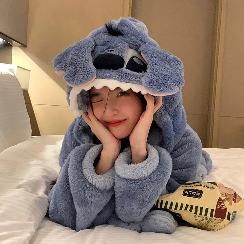 ❄️💙 Stitch Couple Flannel Pajama Set – Warm Hooded Cartoon Winter Sleepwear Cozy Coral Fleece Homewear FAIRY KIDS