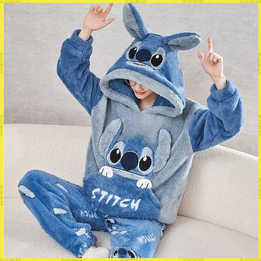 😴 Couple Style Winter Sleepwear Set – Cartoon Stitch Coral Fleece Warm Two-Piece Pajamas for Women FAIRY KIDS
