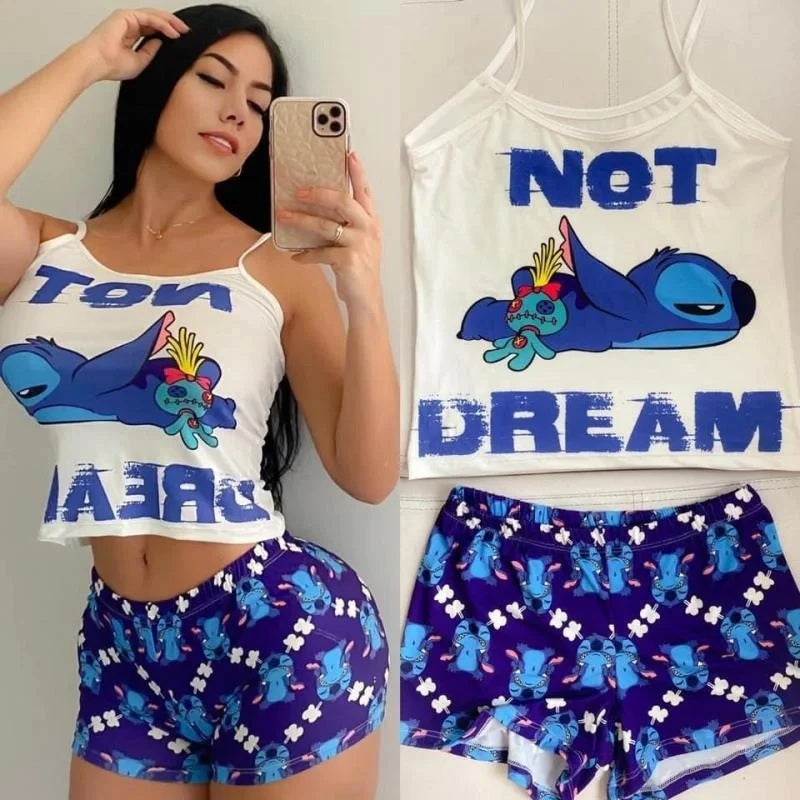 2Pcs Disney Stitch T-Shirt Short-Sleeved Set Summer Cartoon New Kawaii Yoga Suit Sports Shorts Sexy Suspender Pajamas Homewear FAIRY KIDS