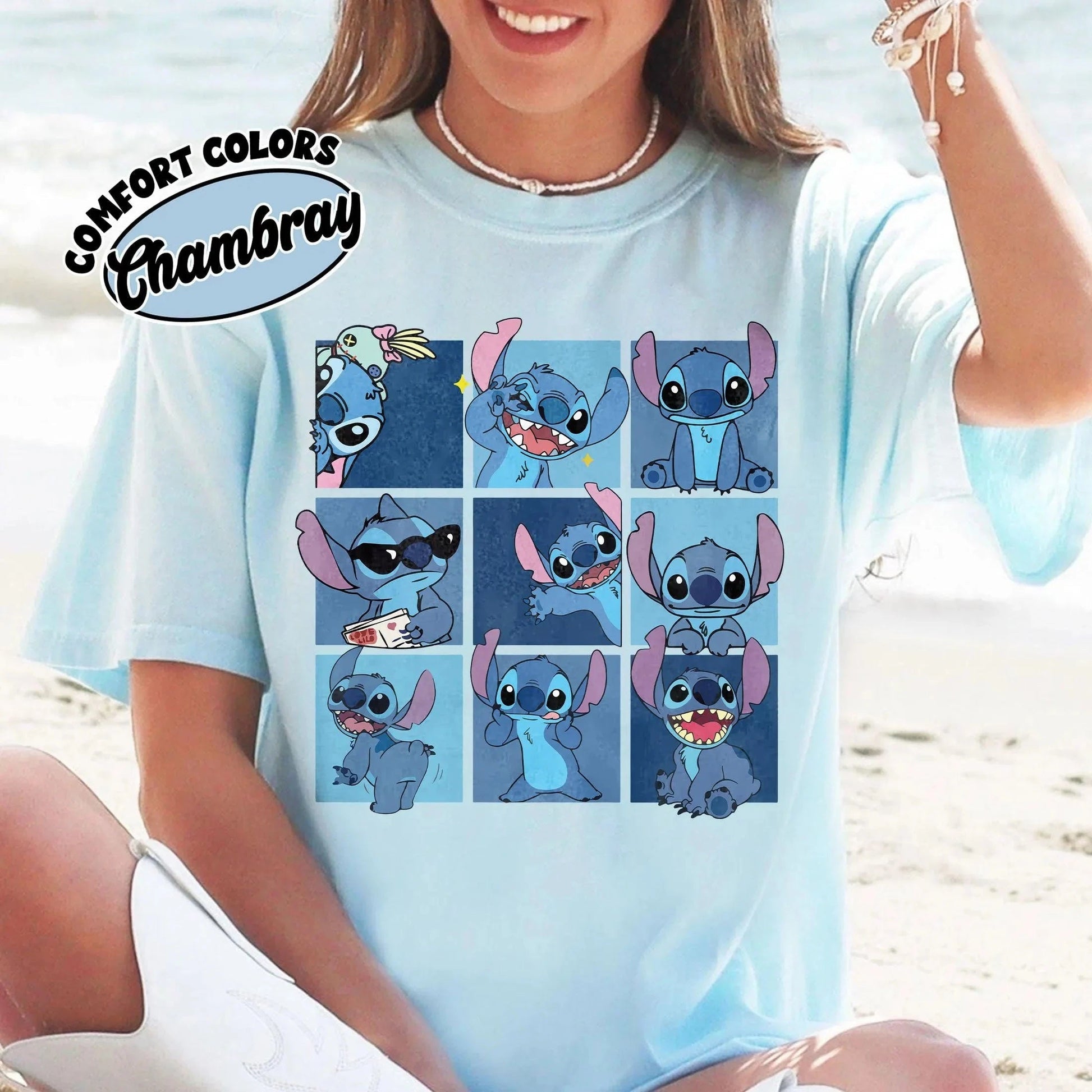 🌸💙 Women's Stitch Vintage Grid Print T-Shirt – Soft Cotton Blossom Pink Casual Tee for Daily Wear FAIRY KIDS