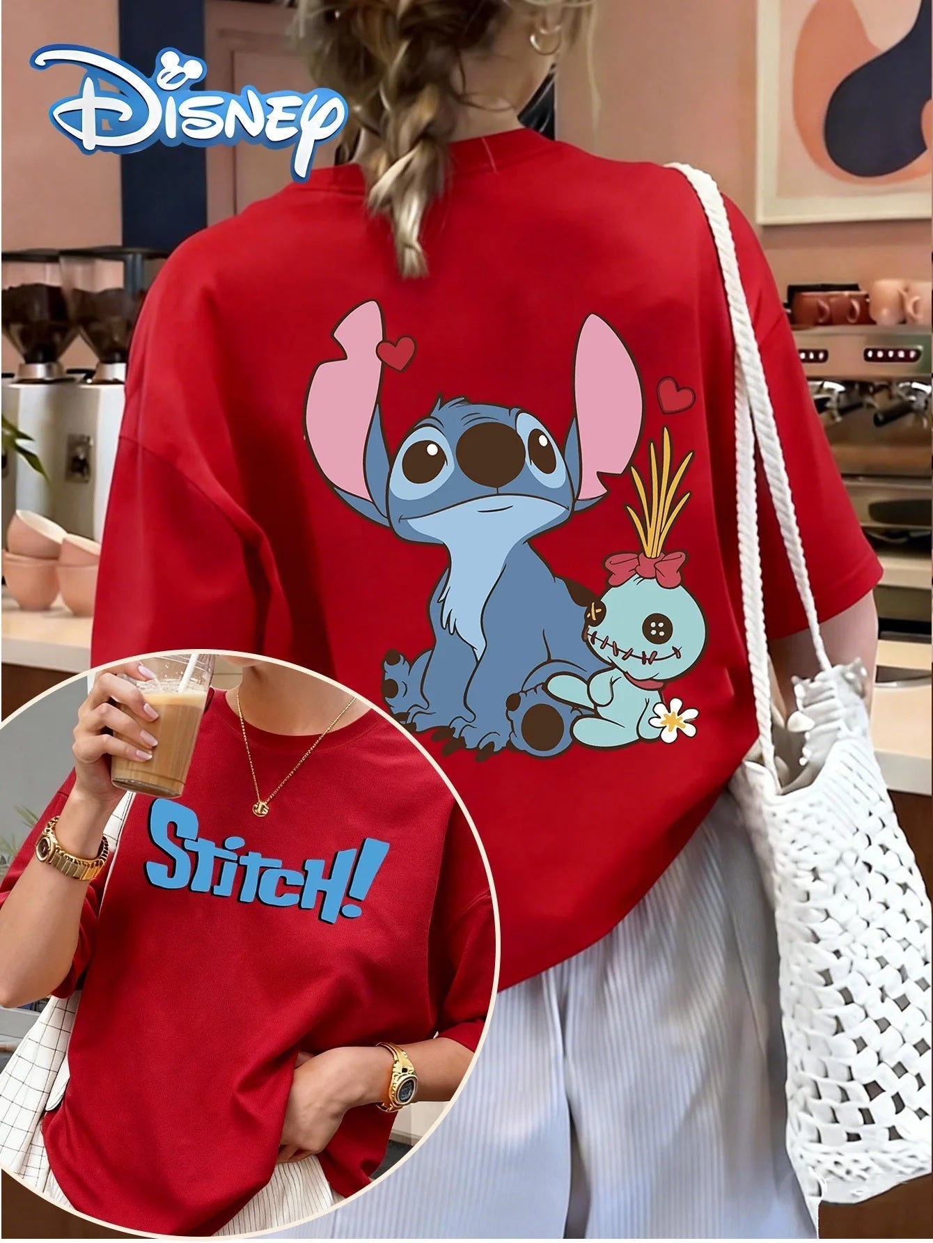 💙👕 Disney Women's Oversized Stitch T-Shirt – Cute Heart Print Crew Neck Casual Spring Summer Tee FAIRY KIDS