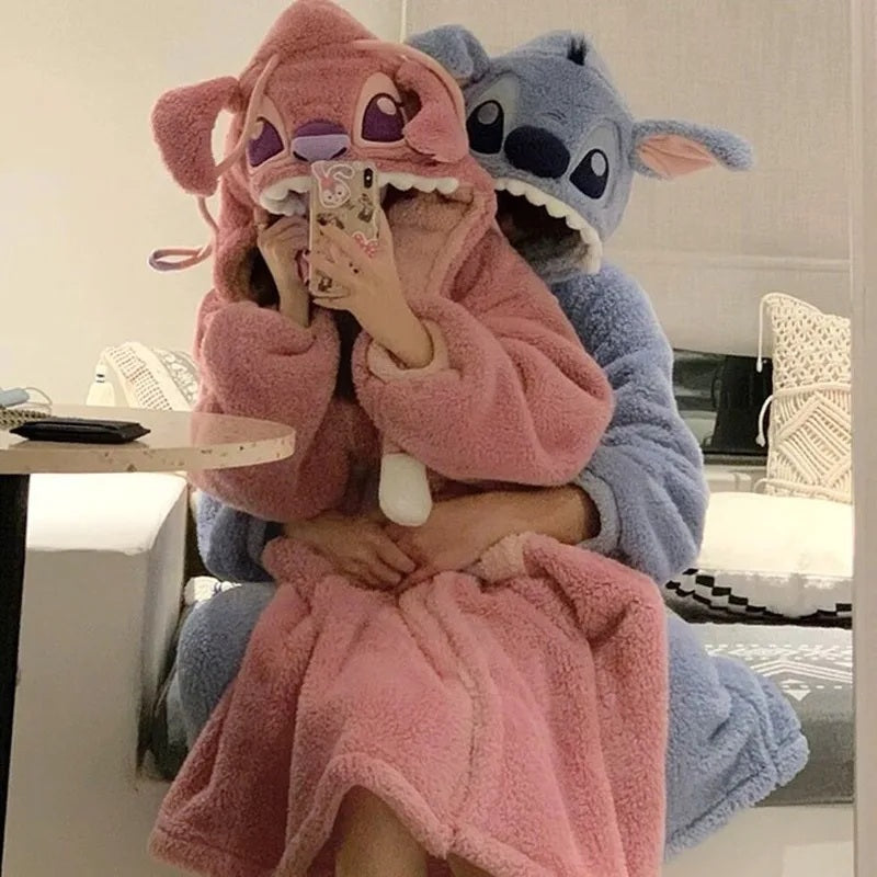 ❄️💙 Stitch Couple Flannel Pajama Set – Warm Hooded Cartoon Winter Sleepwear Cozy Coral Fleece Homewear FAIRY KIDS