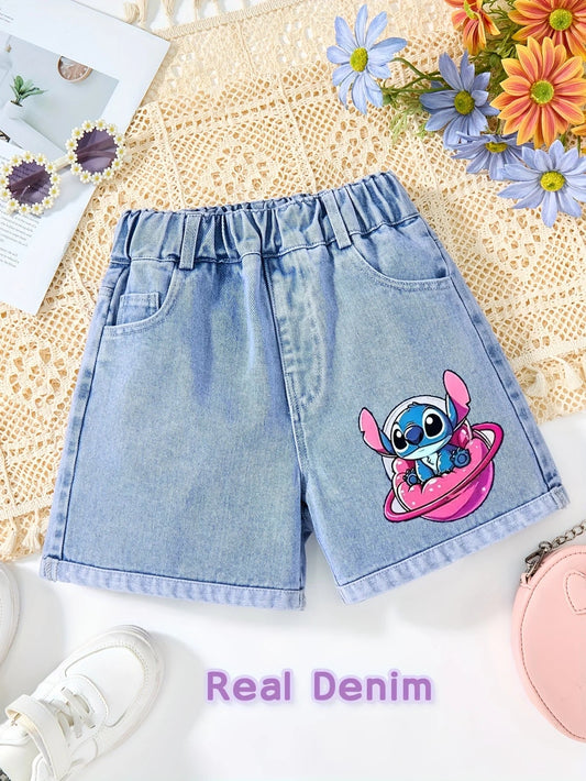 👖💙 Disney Stitch Pattern Unisex Y2K Denim Shorts – Cute Loose Casual Elastic Waist Summer Fashion FAIRY KIDS