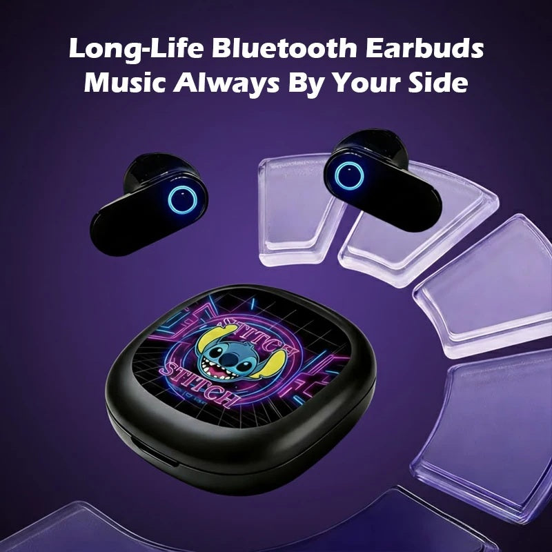 Disney Stitch TWS Wireless Earphone Bluetooth LED Display Stereo Noise Cancelling Headset with Charging Cable for All Smartphone FAIRY KIDS