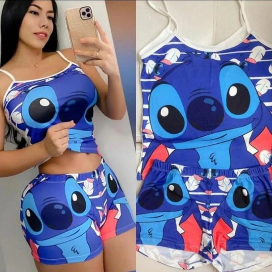 2Pcs Disney Stitch T-Shirt Short-Sleeved Set Summer Cartoon New Kawaii Yoga Suit Sports Shorts Sexy Suspender Pajamas Homewear FAIRY KIDS