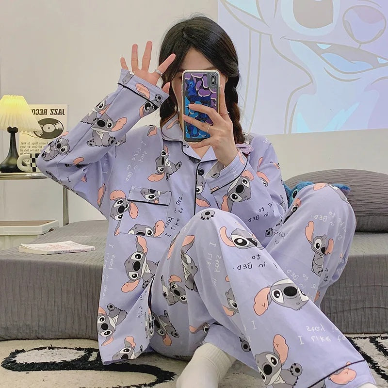 😴🍂 Women’s Casual Two-Piece Sleepwear Set – Cartoon Stitch Long Sleeve Pajama for Spring & Autumn | Cozy Pijama Pyjamas FAIRY KIDS