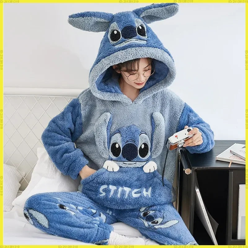 😴 Couple Style Winter Sleepwear Set – Cartoon Stitch Coral Fleece Warm Two-Piece Pajamas for Women FAIRY KIDS