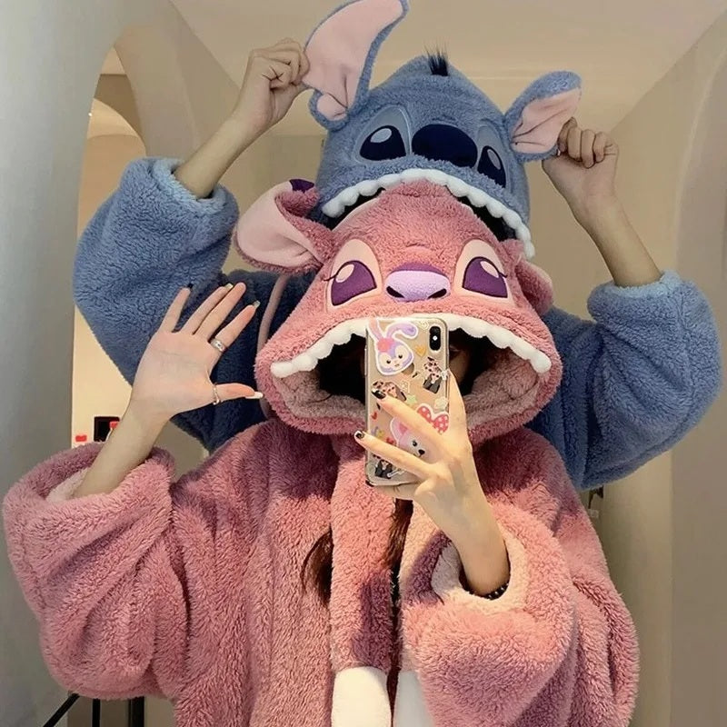 ❄️💙 Stitch Couple Flannel Pajama Set – Warm Hooded Cartoon Winter Sleepwear Cozy Coral Fleece Homewear FAIRY KIDS