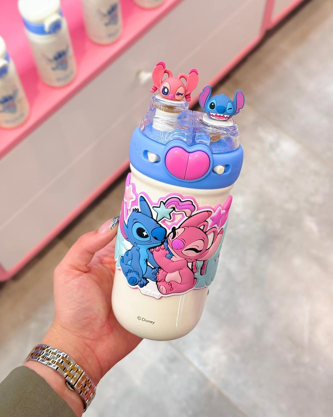 🩵 600ml Stitch Angel Water Cup | Portable Stainless Steel Bottle with Straw | Cute Cartoon Insulated Gift