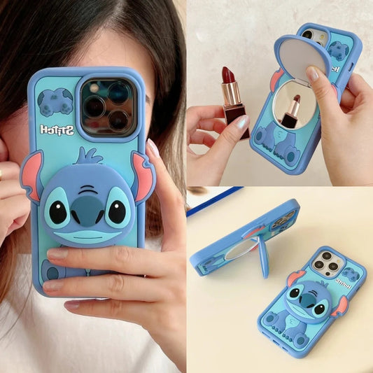 📱💙 Disney Funny Cartoon Stitch Silicone Phone Case with Mirror – Cute Makeup Holder Cover for iPhone 11–17 Pro Max FAIRY KIDS