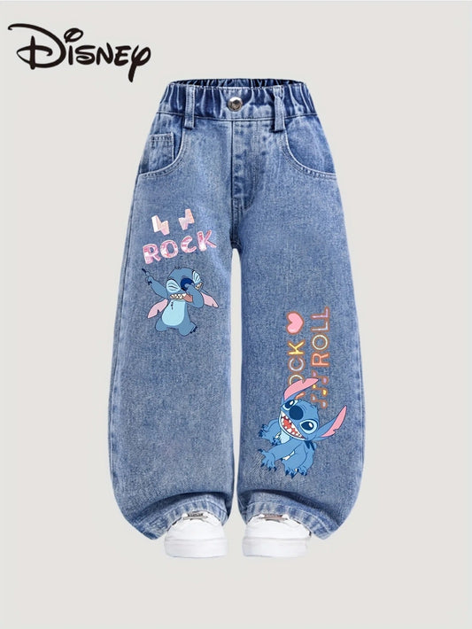 👖💙 Stitch Girls Straight Leg Jeans – Cute Cartoon Pattern Elastic Waist Casual Denim Pants FAIRY KIDS
