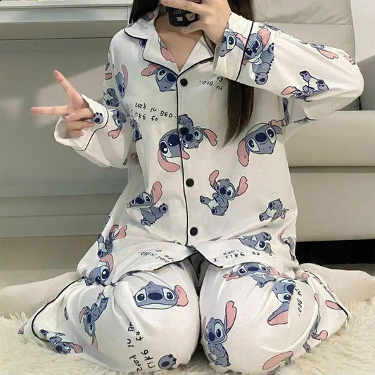 😴🍂 Women’s Casual Two-Piece Sleepwear Set – Cartoon Stitch Long Sleeve Pajama for Spring & Autumn | Cozy Pijama Pyjamas FAIRY KIDS