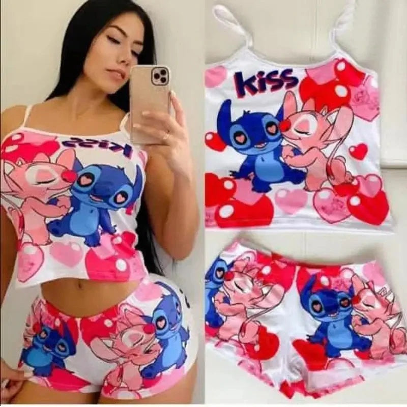 2Pcs Disney Stitch T-Shirt Short-Sleeved Set Summer Cartoon New Kawaii Yoga Suit Sports Shorts Sexy Suspender Pajamas Homewear FAIRY KIDS