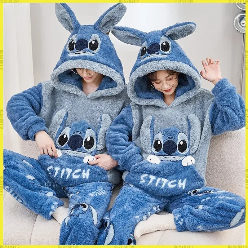 😴 Couple Style Winter Sleepwear Set – Cartoon Stitch Coral Fleece Warm Two-Piece Pajamas for Women FAIRY KIDS