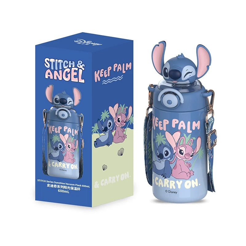 🩵 600ml Stitch Angel Water Cup | Portable Stainless Steel Bottle with Straw | Cute Cartoon Insulated Gift